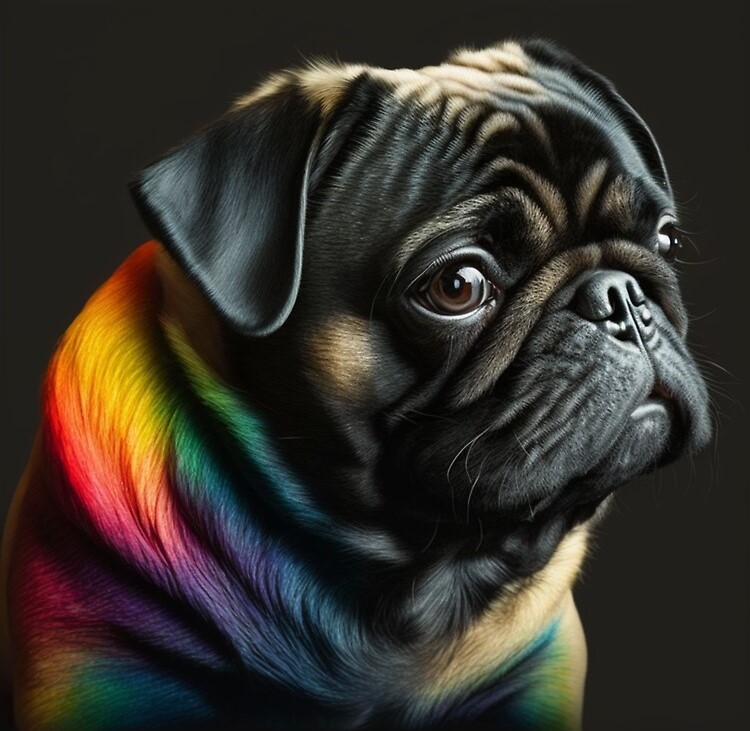 Close-up of a black pug with a rainbow-colored fur pattern on its back, looking thoughtfully to the side against a dark background