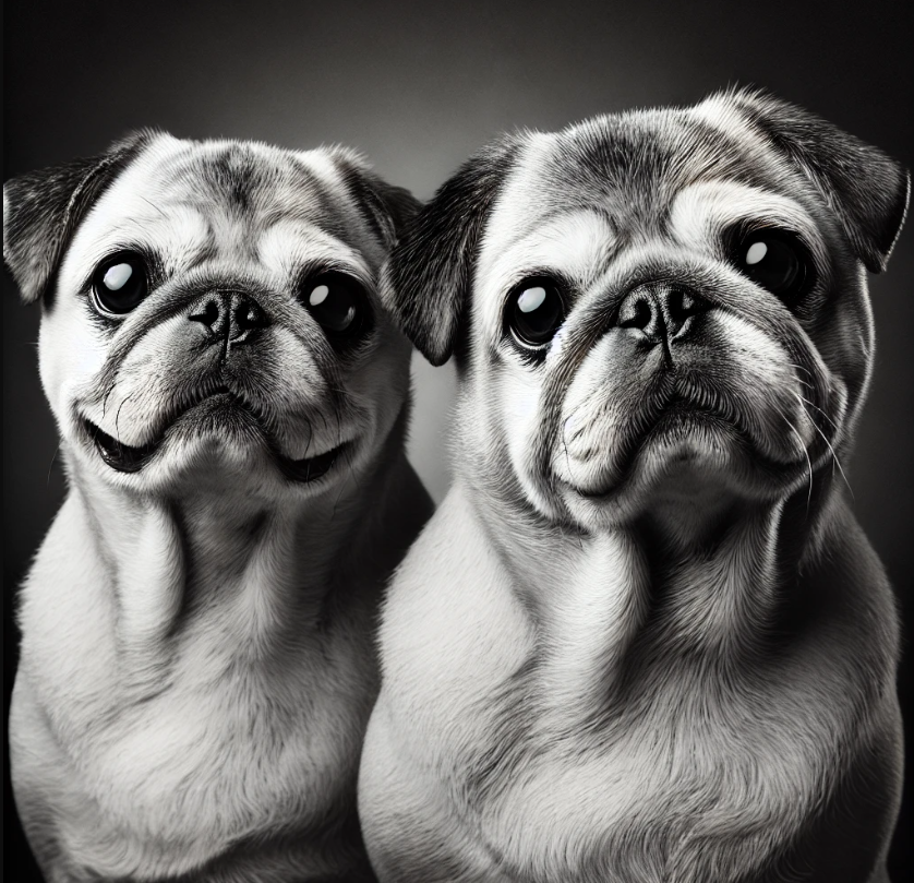 Black and white photo of two fawn pugs sitting closely together, both looking directly at the camera with expressive eyes against a dark background.