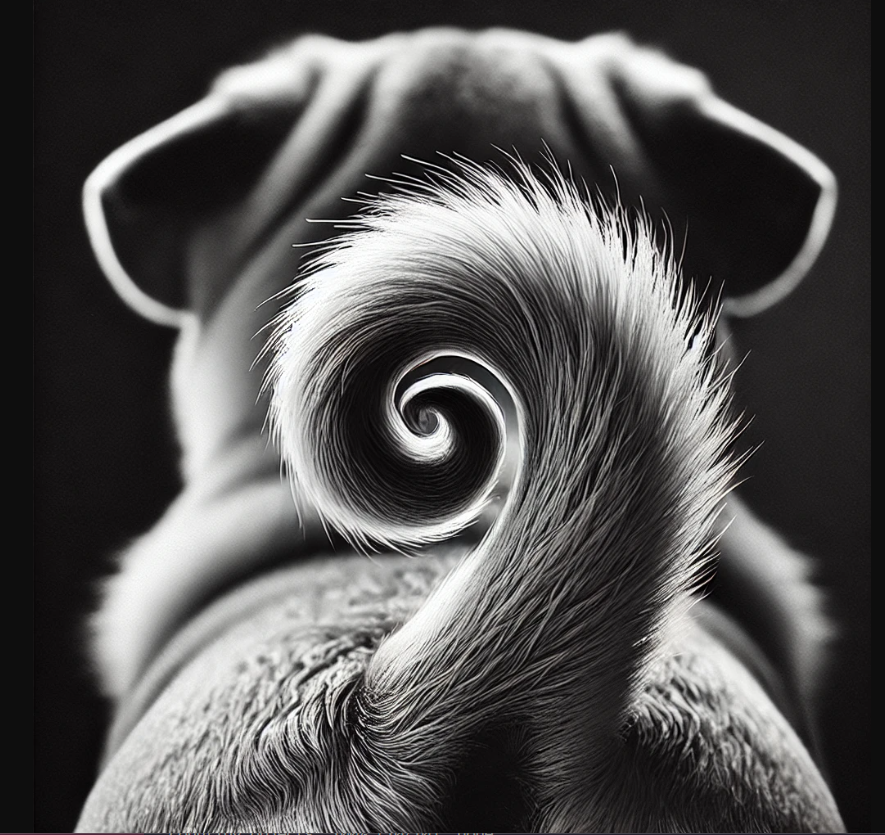 Close-up of a pug's tightly curled tail, with the pug facing away from the camera, highlighting the texture and detail of the fur.