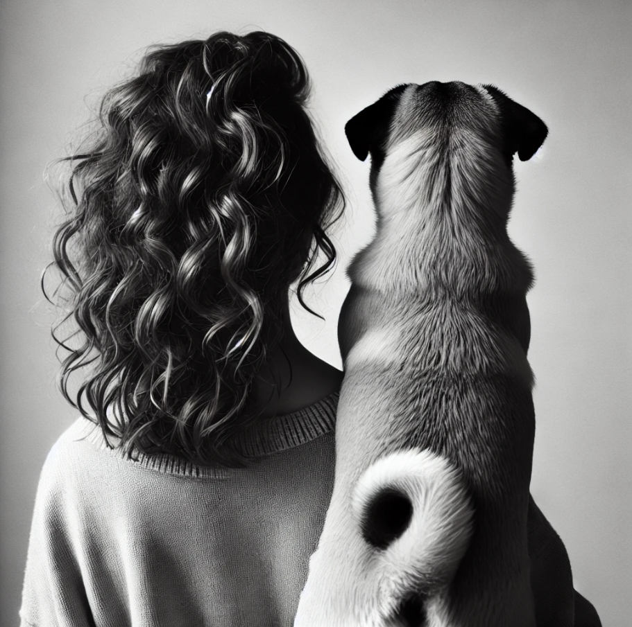 Black and white photo of a person with curly hair and a pug sitting next to each other, both seen from the back, creating a silhouette effect against a plain background.