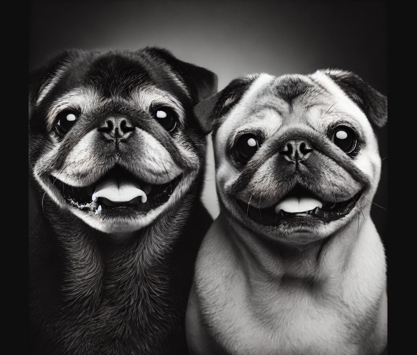 Black and white photo of two older pugs sitting side by side, both smiling with their tongues out, creating a joyful and endearing expression.