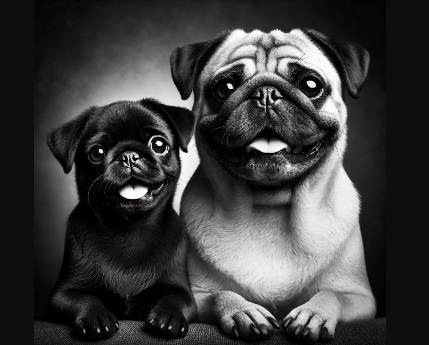 Black and white photo of a black pug and a fawn pug sitting side by side, both smiling with their tongues out, creating a playful and happy scene.