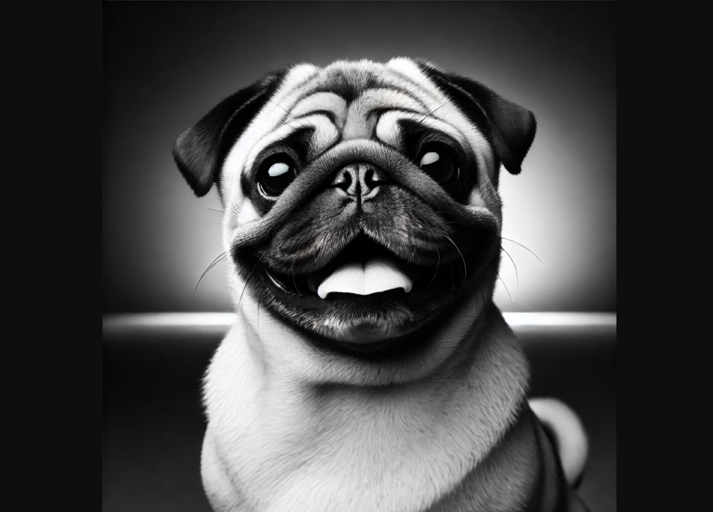 Close-up portrait of a smiling pug with its tongue slightly sticking out, showcasing its wrinkled face and bright eyes against a neutral background.