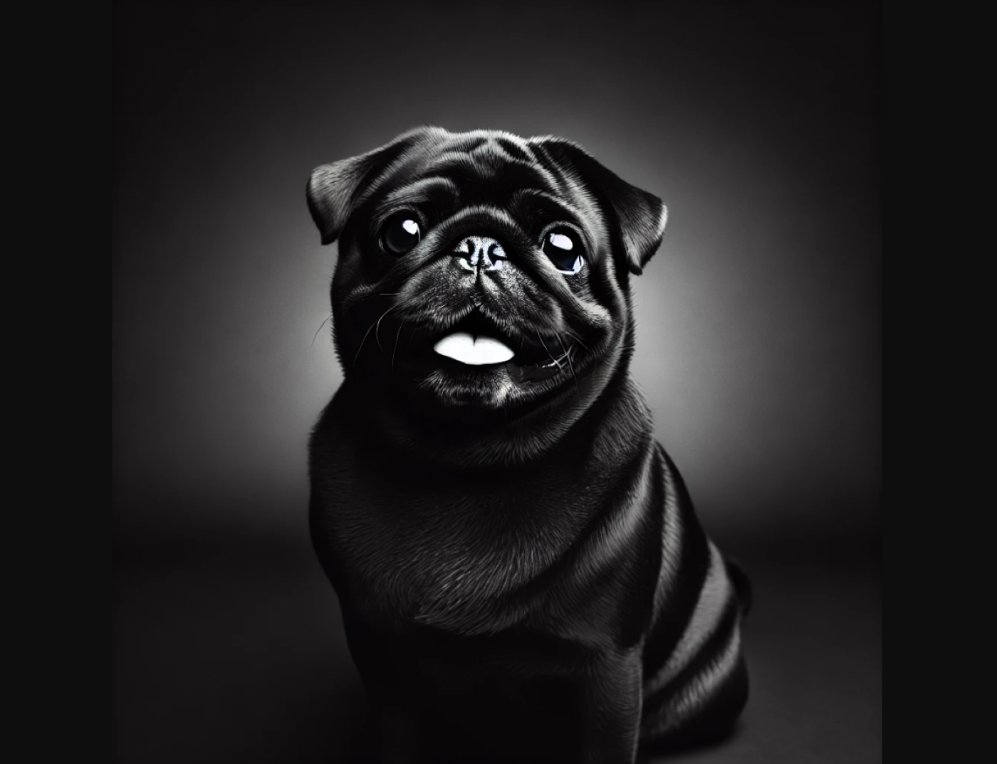 Black and white photo of a black pug sitting and smiling with its tongue out, creating a joyful and endearing expression.