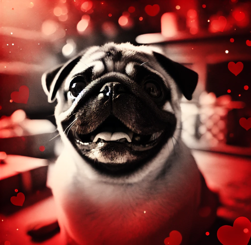 Close-up of a happy, fawn pug with a wide smile, surrounded by a warm red background and scattered heart shapes, creating a loving and joyful atmosphere.