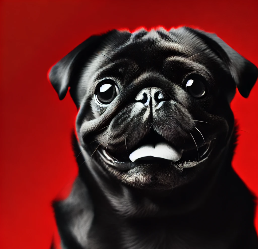 Close-up of a black pug with an expressive face, tongue slightly out, set against a vivid red background.