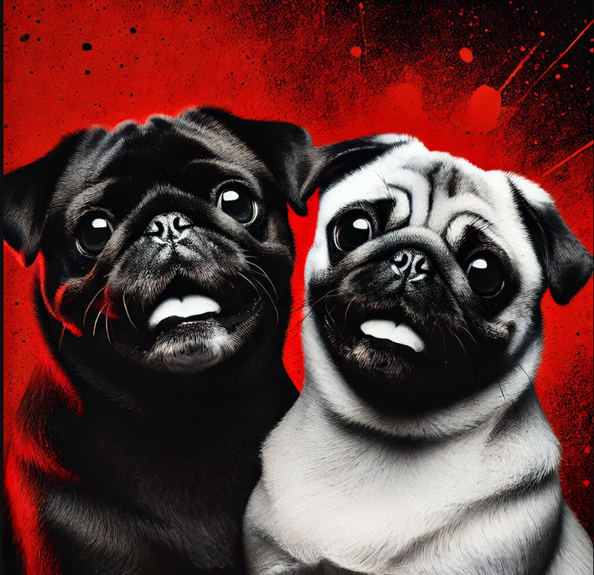 Two pugs, one black and one light-colored, sitting side by side with expressive faces, set against a vivid red background with artistic splatters.